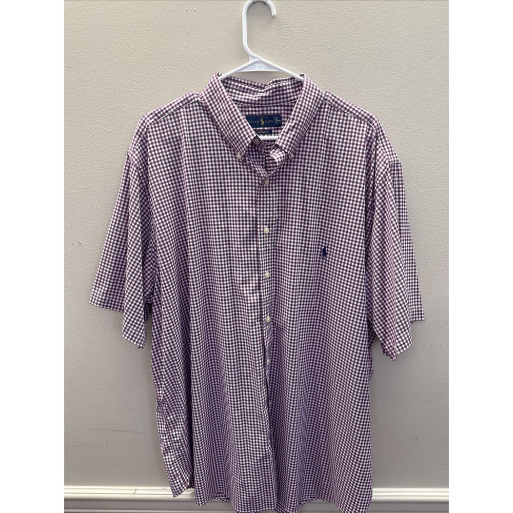 Polo Ralph Lauren Performance Shirt 2XB 2TG Men Burgundy Gingham Plaid Button Up